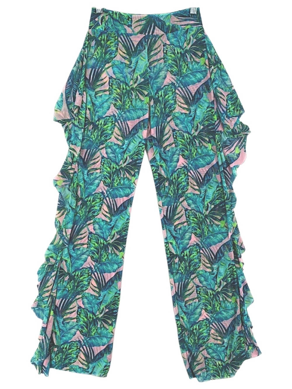 LOVE 83 Tropical Palm Print Ruffle Wide Leg Pants XL Resort Beach Cover Up